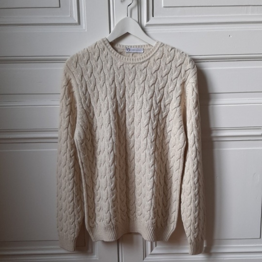 Men's white cable-knit alpaca sweater